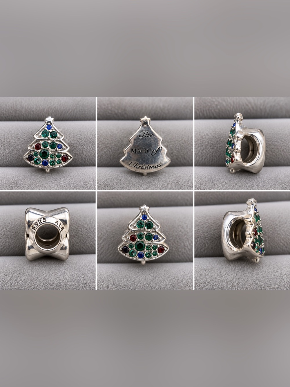 Pandora Silver Christmas Tree Charm with Green, Blue, Red Stones